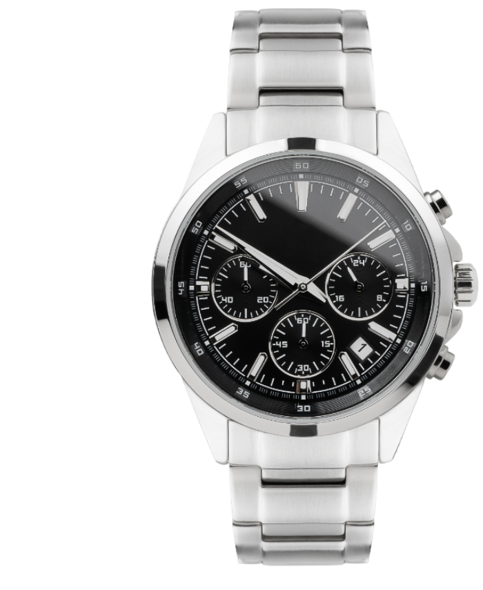 Silberne Armbanduhr mit schwarzem Zifferblatt und drei kleinen Chronographenanzeigen.