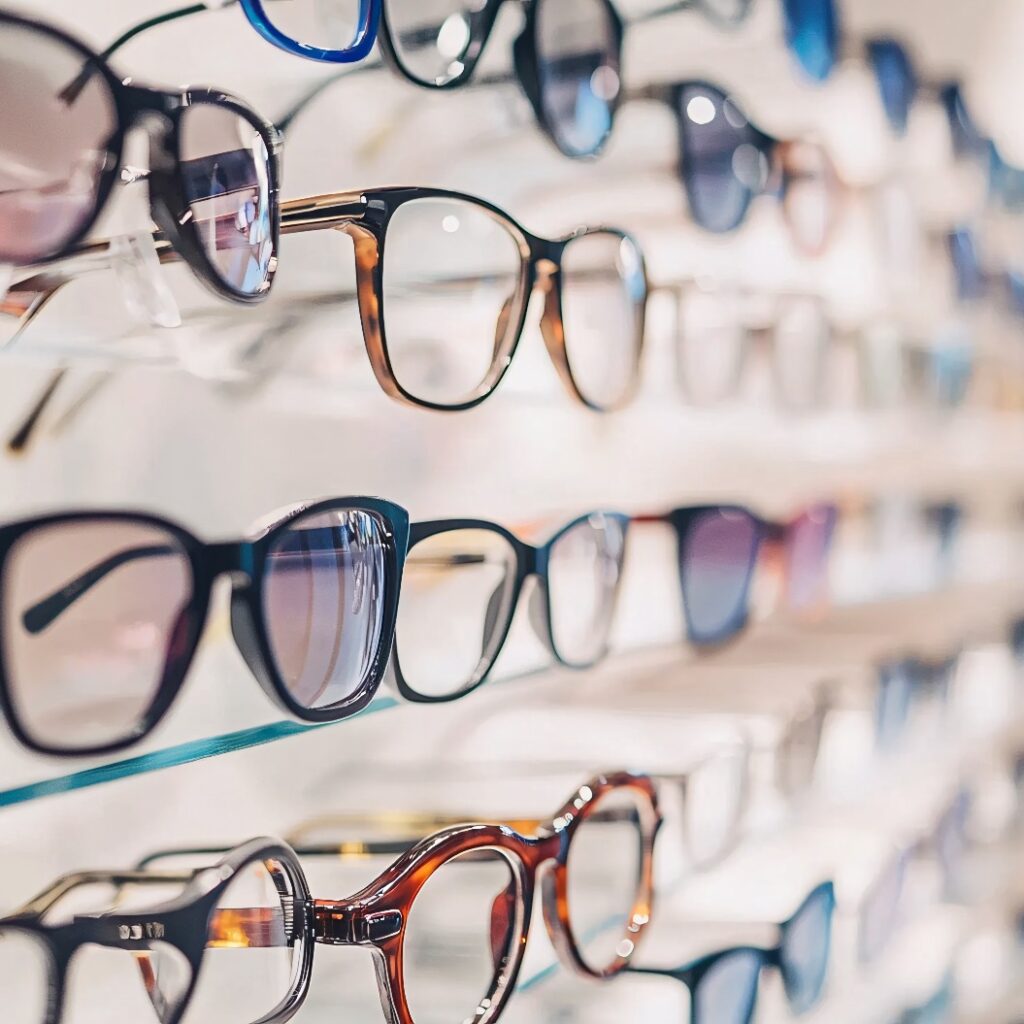 Different eyeglasses on shelves in optics store. Vision concept.