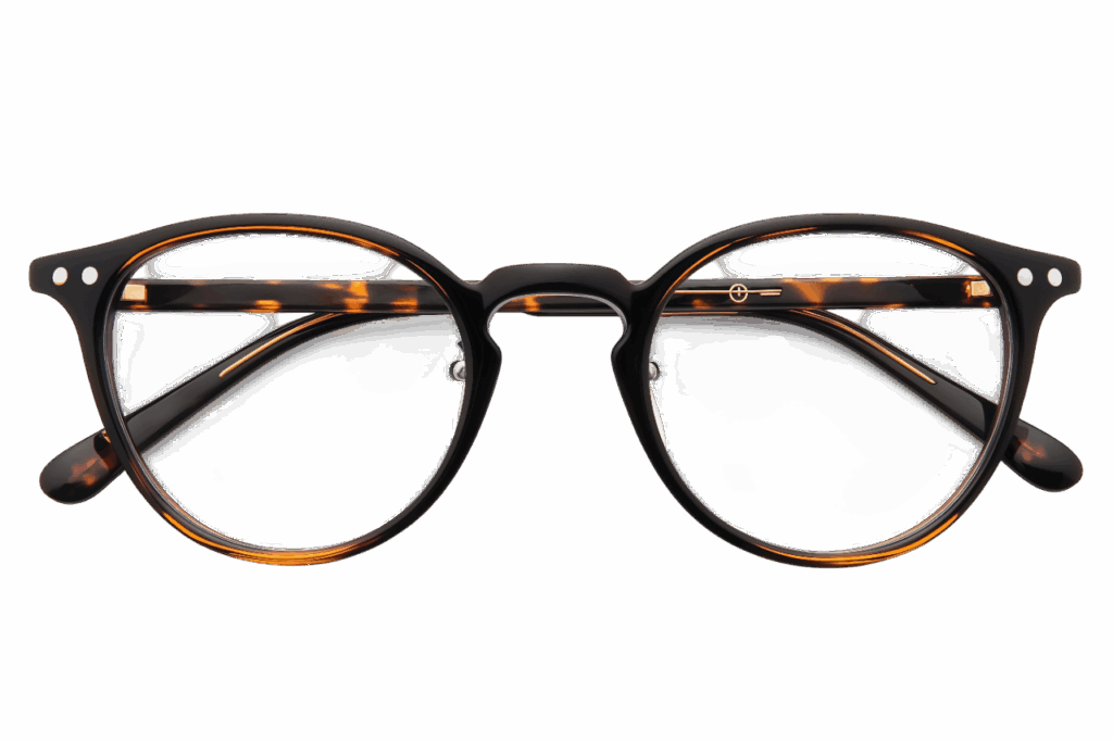 Eine runde Brille mit Tortoise-Muster und klaren Gläsern auf weißem Hintergrund.
