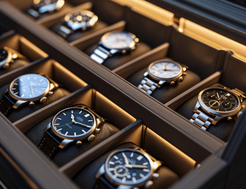 Ein luxuriöser Hintergrund für die Aufbewahrung von Uhren mit einer hochwertigen Uhrenschublade mit verschiedenen Fächern, in denen jeweils eine prestigeträchtige Uhr aufbewahrt wird, unter sanfter Akzentbeleuchtung.